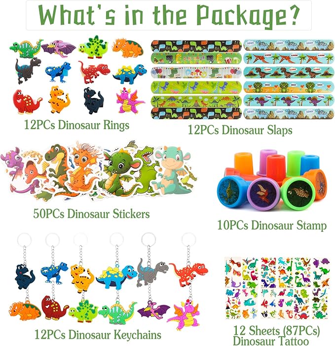 108Pcs Dinosaur Party Favors for Kids Dinosaur Party Supplies, Dinosaur Goodie Bags Fillers, Dinosaur Birthday Party Favors Included Slap Bracelet Sticker Ring Keychains Stamps