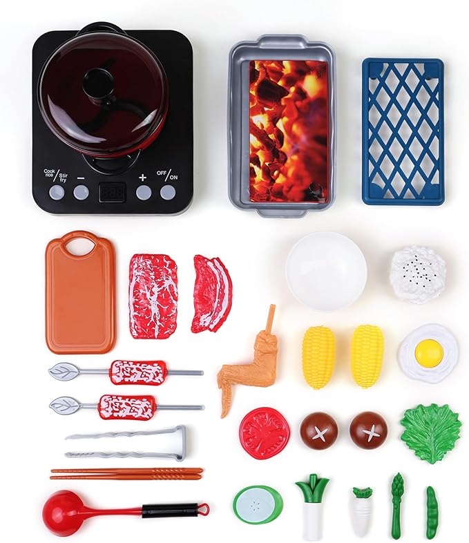 Pretend Play Kitchen Toy Including Janpanese Style Sukiyaki Hot Pot with Electronic Function, Grill Rack, Cooking Utensils, Cut Play Food and Toy Cutlery, Cooking Learning Gift for Girls and Boys