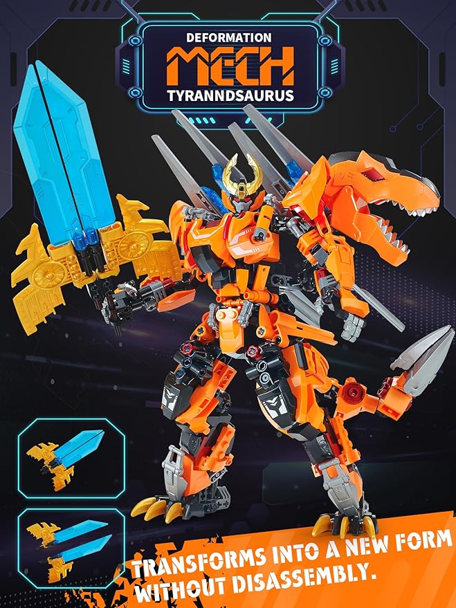 T-Rex Mech 2-in-1 Building Set, Dragon Transforming Building Blocks Toy, Dino Park Kit Dinosaurs Robot Action Figures Model, Birthday for Boys, Adult Age 8-12 (T-Rex)
