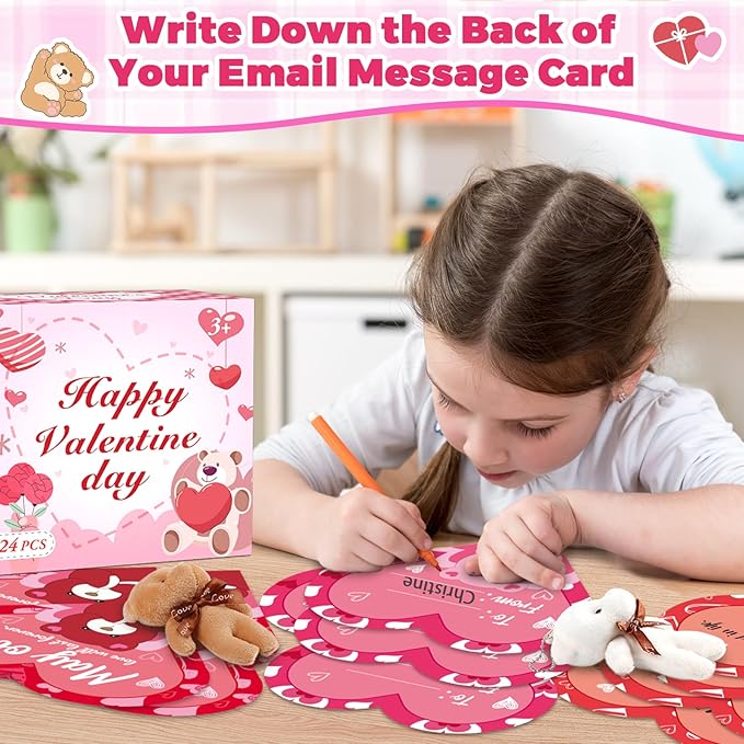 Valentines Day Gifts for Kids Classroom Party Favors Valentines Cards with Mini Teddy Bears Plush Toys Stuffed Animals Keychain Valentine Gift Exchange School Game Prize for Boys Girls 24 Pack