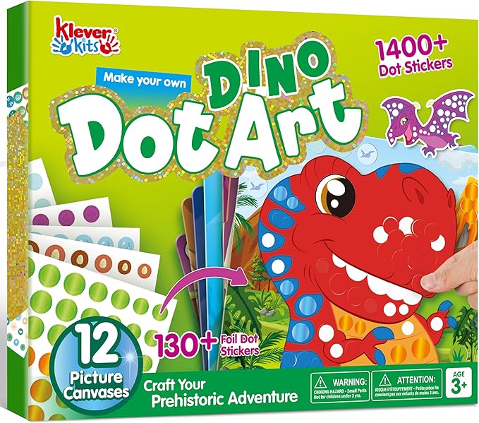 Klever Kits Dot Art Kit for Kids, No Mess Sticker for Toddler 3-7, Craft Kits, DIY Creative Activity, Travel Toy, Birthday Gifts for Boys Girls (Dinosaur)