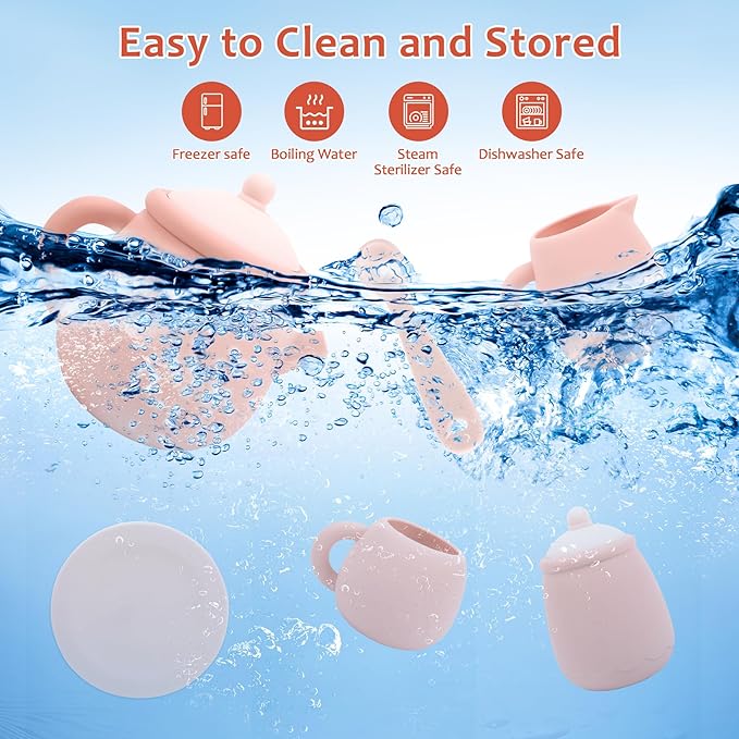 MCGMITT Silicone Tea Set, Tea Party Set for Little Girls Boys, 15 Pcs BPA Free Dishwasher Safe Pretend Tea Set for Toddlers Kids Age 3-6, Cute Toy Kitchen Accessories for Children Birthday Gifts