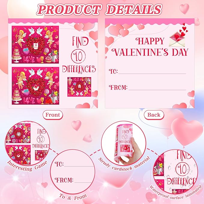 FaCraft Valentines Day Cards for Kids Classroom School,30PCS Find 10 Difference Valentines Day Gifts Cards with Envelopes Valentines Exchange Cards Valentine Party Favor Gifts for Kids Boys Girls