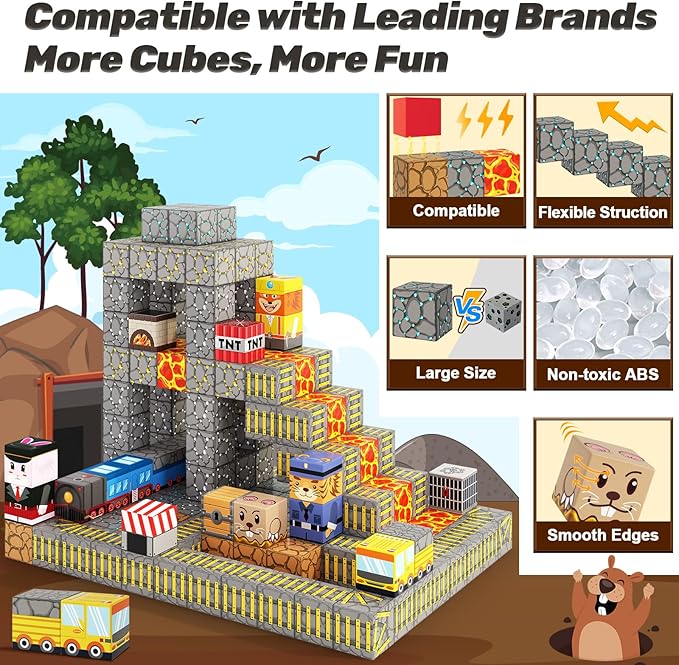 Magnetic Blocks - Build Mine Magnet World Mine Train Track Set, Magnetic Building Blocks Toddler Toys STEM Sensory Outdoor Toys for 3+ Year Old Boys & Girls, Kids Toys for Ages 4-6 6-8 5-7