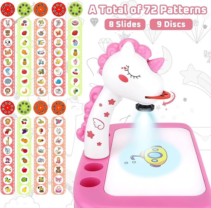 Drawing Projector for Kids,Projector for Drawing Toys for Ages 5-7,Drawing pad with Music,Pencils,Crayons,Scrapbook,Sticker Book,Unicorn Stickers,Kids Projector Unicorn Toys for Girls Age 4-6