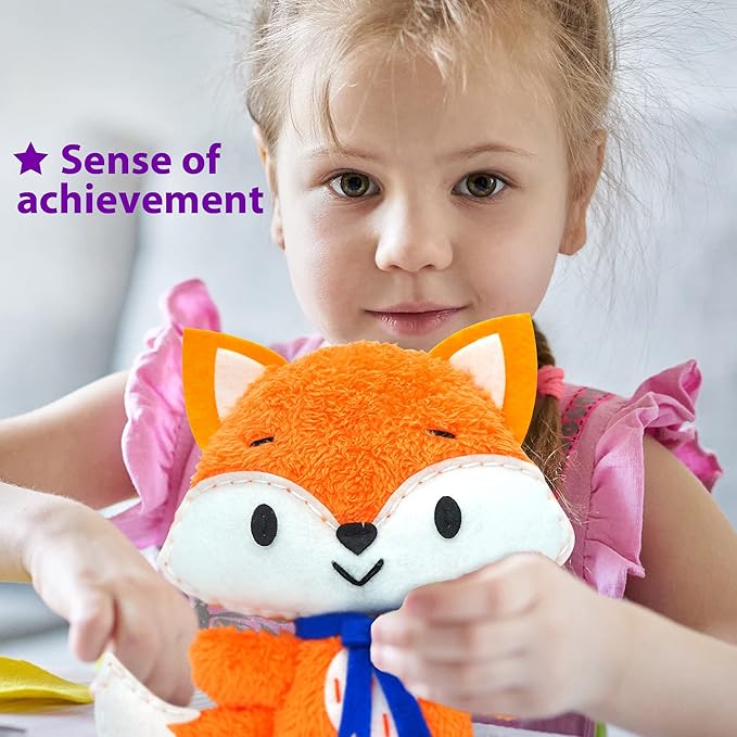 KRAFUN Fox Animal Sewing Kit for Kids Beginner My First Art & Craft, Includes Fox Doll Stuffed Animal, Instructions & Plush Felt Materials for Learn to Sew, Embroidery, Age 7 8 9 10 11 12