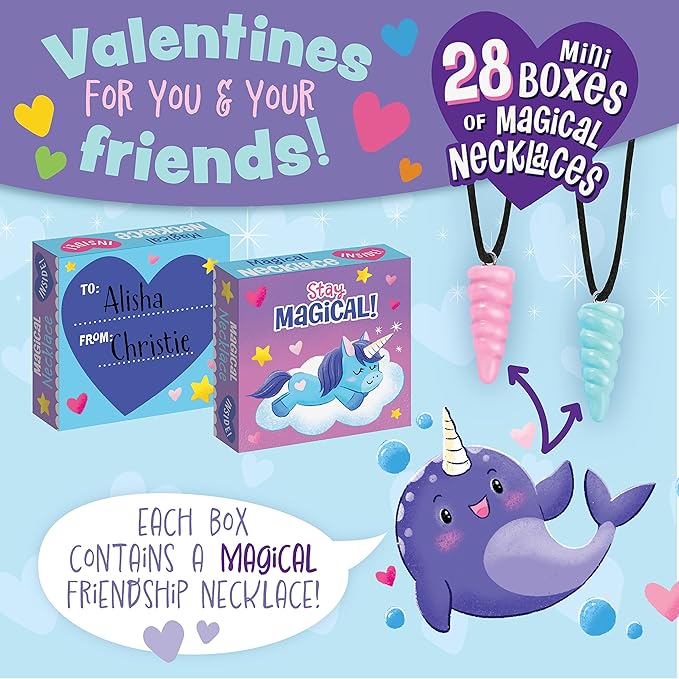 Peaceable Kingdom Valentines Cards for Kids Classroom, Set of 28 Valentines Day Gifts - Magical Friends Unicorn and Narwhal Horn Necklaces