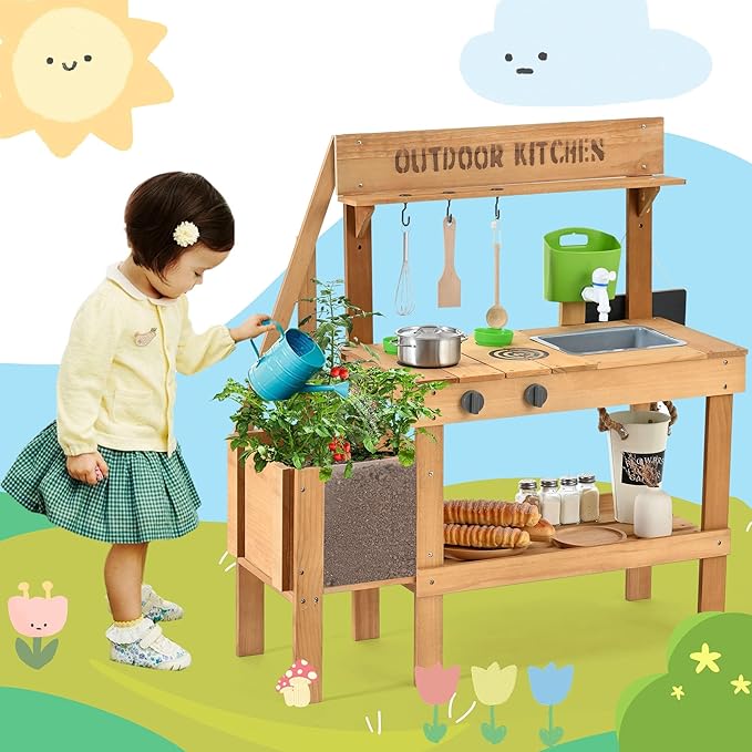 Mud Kitchen for Kids Outdoor, Wood Outdoor Kitchen with Planter Box, Toddler Play Kitchen with Sink, Faucet, Blackboard, Water Cup and Kitchen Accessories for Kids