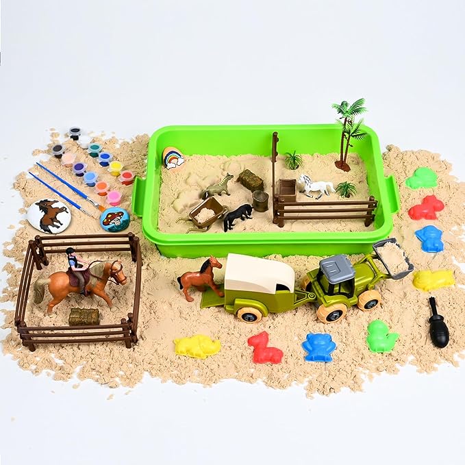 Sensory Bin - Horse Stable Playset Play Sand for Kids,Sandbox with Cover, 1.7 LB Magnetic Sand,Tractor and Stable, Rider and Horse,Rock Painting Kit,Sensory Toys for Autism 3 4 5 6 7 8 Year and Up