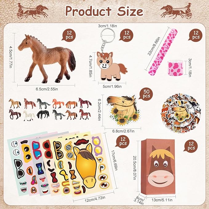110-Piece Horse-Themed Party Favor Set - Includes 12 Horse Figurines, 12 Horse Toy Stickers, 12 Cowboy Slap Bracelets, 50 Horse Stickers, 12 Horse Keychains, and 12 Kraft Paper Bags