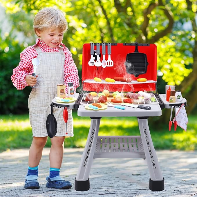 CUTE STONE Kids BBQ Grill Playset, Kitchen Toy Set, Realistic Smoke, Sound & Light,Kitchen Grill Playset,Toy Kitchen Accessories, Indoor Outdoor Interactive Pretend Play Toys for Boys Girls, 23.6" H