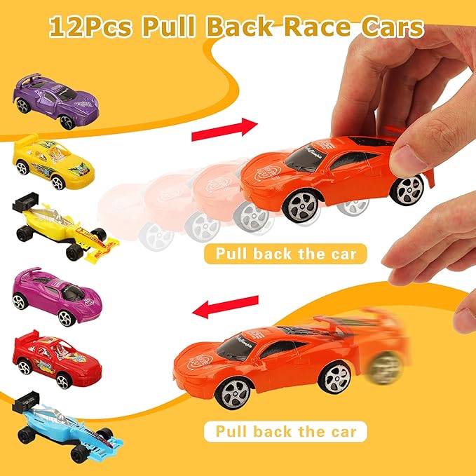 108PCS Race Car Party Favors Birthday Party Supplies includes Pull Back Car Finger Light Scratch Art Bookmark Slap Bracelet Race Car Themed Decorations Treasure Prize Box Toys for Boys Girls