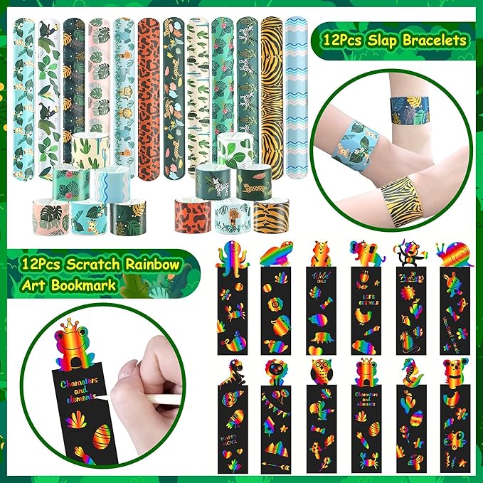 XIPEGPA 88 PCS Jungle Safari Party Favors Set Wild Animals Theme Bags Masks Stickers Slap Bracelets for Birthday Baby Shower Goodie Bag Fillers Jungle Safari Party Supplies