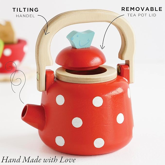 Le Toy Van - Honeybake Wooden Dotty Kettle - Breakfast Set Pretend Kitchen Play Toy Set | Girls or Boys Role Play Kitchen Accessories | Suitable for Boys and Girls