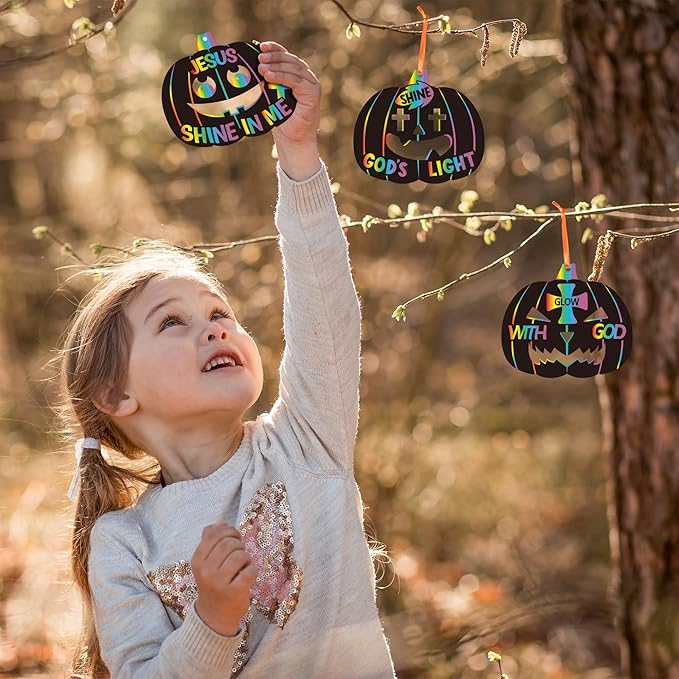 B1ykin Fall Religious Pumpkin Scratch Card - DIY Autumn Magic Scratch Cards Craft Kit for Kids, Christian Black Bible Hanging Tags Party Favors for Thanksgiving Sunday School Classroom Art Activity