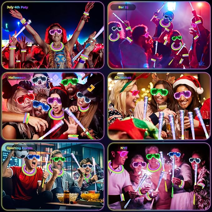 238 PCS Glow in the Dark Party Supplies, 24 PCS Glow Fiber Optic Wands, 14 PCS LED Glasses and 100 PCS Glow Sticks, 100 PCS Connectors, New Year Party Favors for Concert, Raves Birthday
