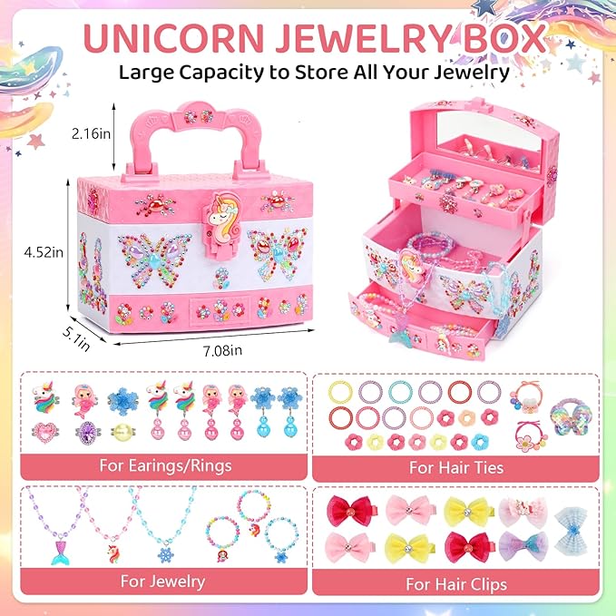 Jewelry Box for Girls, Unicorn Toys for Girls Age 4-6 Kids Jewelry Box, Toddler Girl Jewelry Set with Princess Necklaces/Bracelets/Earrings/Rings, Funny Christmas Birthday Gifts for 3-6 Year Old Girl
