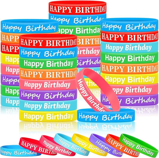 Sratte 120 Pcs Happy Birthday Rubber Bracelets for Kids Stretch Wristbands Bulk Birthday Bracelets for Classroom Student Back to School Gift Teacher Birthday Party Favors Supplies