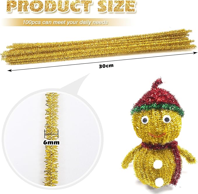 TOAOB 100pcs Christmas Glitter Pipe Cleaners Gold Metallic Pipe Cleaners Craft Supplies 6mm x 12 Inch Chenille Stems Pipe Cleaners for Art DIY Crafts Decorations