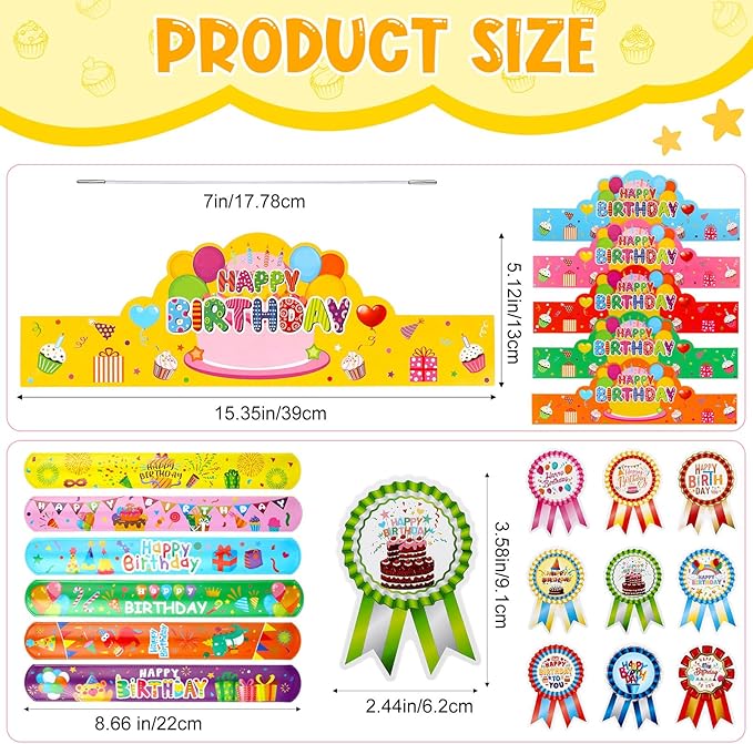 Yunsailing 108 Pcs Happy Birthday Party Supplies for Kids Include 36 Birthday Paper Crowns 36 Birthday Badge Stickers 36 Happy Birthday Slap Bracelets for Classroom School Party Supply(Bright Color)