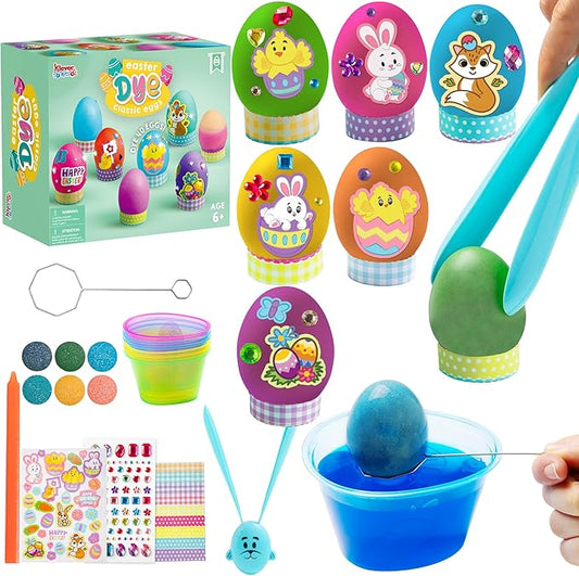 Klever Kits 20Pcs Easter Egg Dye Kit, DIY Easter Decorating Craft Kit with Egg Tray, Stands, Stickers for Kids Coloring Theme Creativity Activity, Home School Crafts
