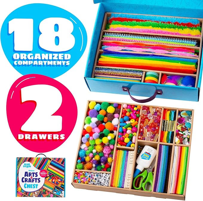 Blue Squid Arts & Crafts Chest - 3000+ pcs Deluxe Craft Supplies Box, 2 Drawers, 18 Compartments, Sturdy Handle - Art Crafting Kit Christmas Gifts for Kids, School Supply for Ages 4 5 6 7 8 9 10 11 12