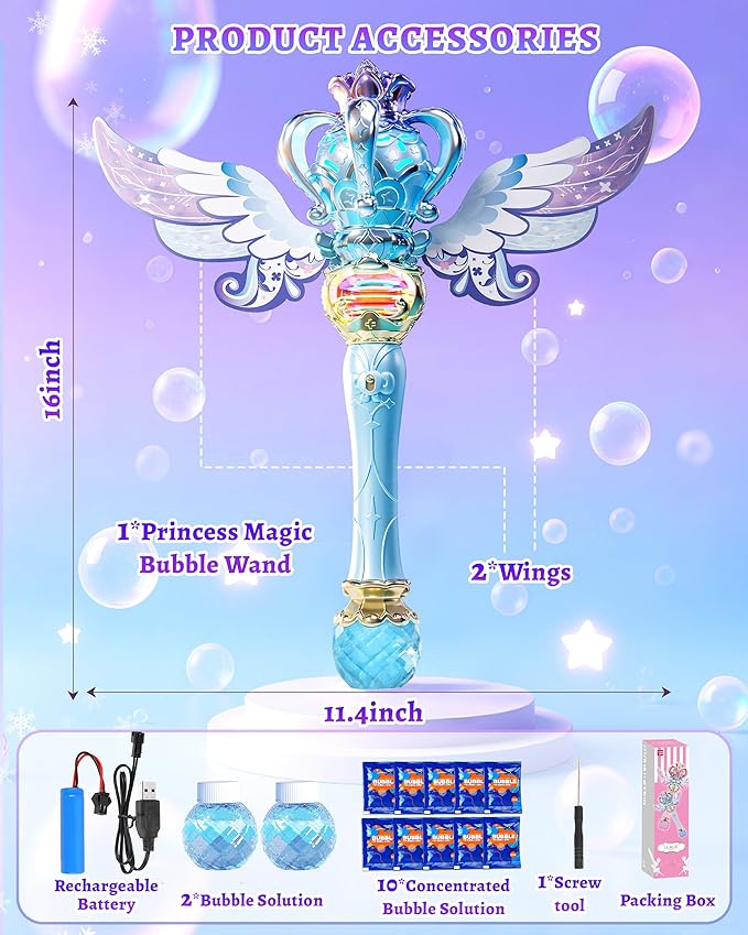 Uregoio Princess Bubble Wands Machine for Kids with Rotating Design, Outdoor Bubble Maker Toys for Kids Ages 4-8, Rechargeable Light Up & Music Fairy Wands, Party Birthday for 3+ Year Old Girls(Blue)