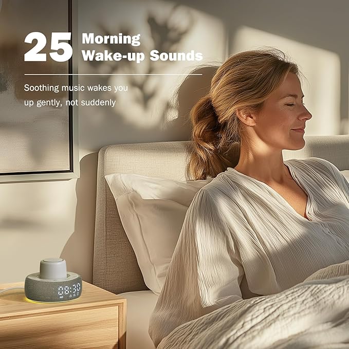 White Noise Machine with Smart Alarm Clock, 25 Soothing Sounds, Portable Sleep Sound Machine Aid for Baby, Kids, Adults, Office, Dimmable Timer, 7 Night Light Colors for Privacy Bedroom, Gray