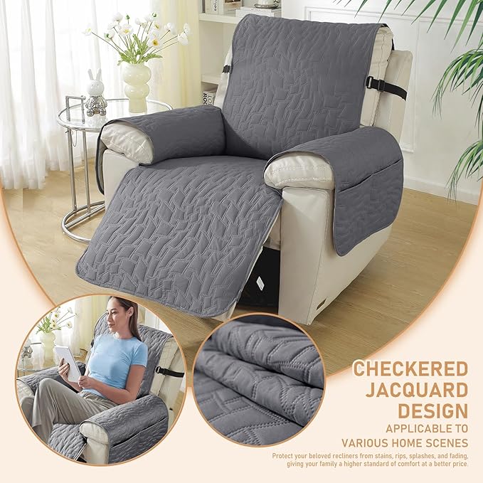 100% Waterproof Recliner Chair Covers for Reclining Chair, Small Recliner Covers That Stay in Place, Non-Slip Recliner Armchair Cover with Pockets for Kids, Pets, Dogs, Cat, Washable,Dark gray