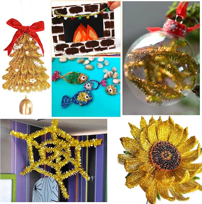 TOAOB 100pcs Christmas Glitter Pipe Cleaners Gold Metallic Pipe Cleaners Craft Supplies 6mm x 12 Inch Chenille Stems Pipe Cleaners for Art DIY Crafts Decorations
