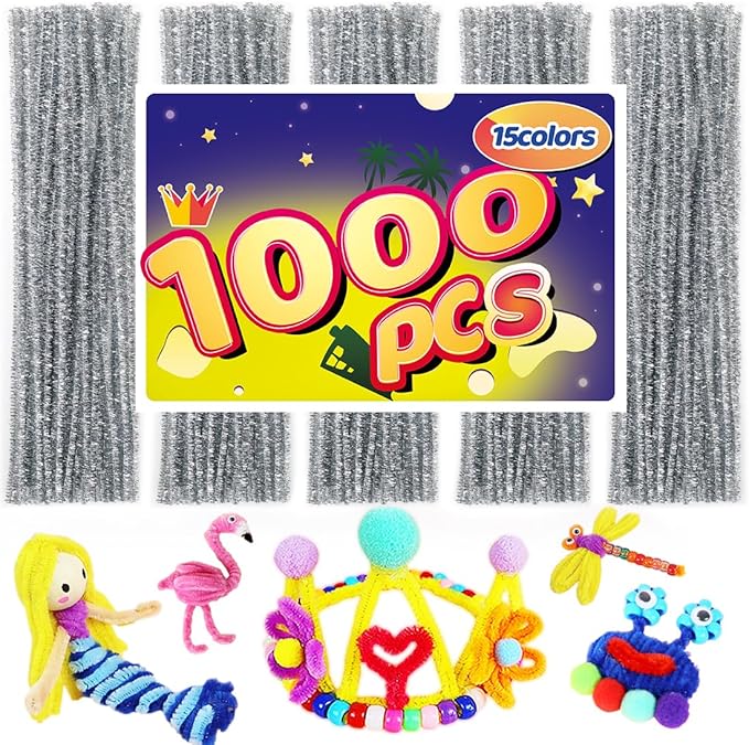 Pipe Cleaners, Pipe Cleaners Craft, Arts and Crafts, Crafts, Craft Supplies, Art Supplies (1000 Silver Glitter Pipe Cleaners)…