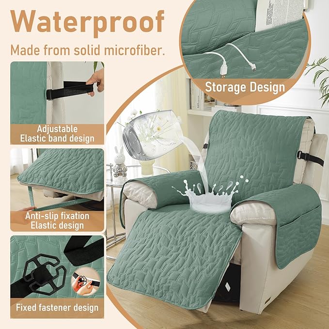 100% Waterproof Recliner Chair Covers for Reclining Chair, Small Recliner Covers That Stay in Place, Non-Slip Recliner Armchair Cover with Pockets for Kids, Pets, Dogs, Cat, Washable,Green,23I