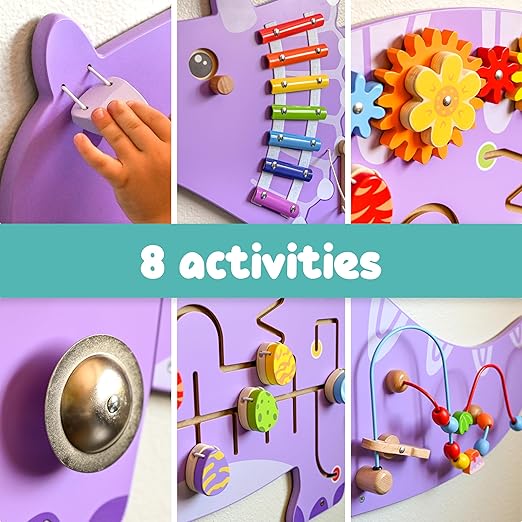 SPARK & WOW Triceratops Activity Wall Panels - Ages 18m+ - Montessori Sensory Toy - 8 Activities - Busy Board - Toddler Room Décor