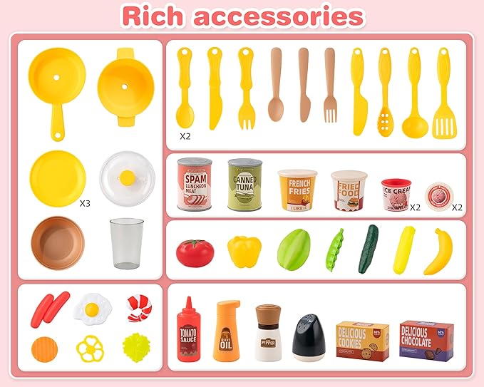 Kids Kitchen Play Set,Interactive Kids Kitchen Play Set with 50Pcs of Pretend Kitchen Toys,Realistic Sound Effects,and Simulated Functionality - Suitable for Toddlers Aged 3-5 Years(Pink)