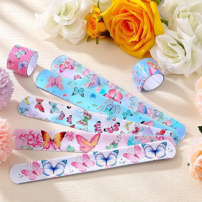 48 Pcs Butterfly Slap Bracelets Wristbands Toys Birthday Party Favors Kids Bracelets Snap Bands for Girls Butterfly Theme Birthday Party Decorations Supplies Class Prize Exchanging Gift, 12 Styles