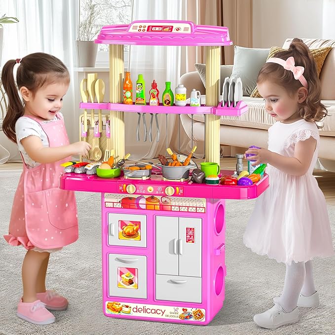 Pretend Play Kitchen Toys for Kid Age 3 4 5 6 7 - Double Sided Kitchen Appliance with Toy Accessories for Girls, Cooking Toys for Kids Ages 3, Gifts Toy for 3 4 5 6 Years Old Girls (Large)
