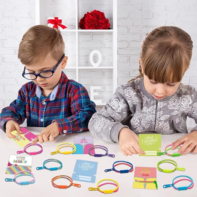 OuMuaMua Valentines Gift for Kids Classroom - 30 Pack Valentines Exchange Cards with Zipper Bracelets for School Class Exchange Gifts, Toddlers Girls Boys Valentines Gifts