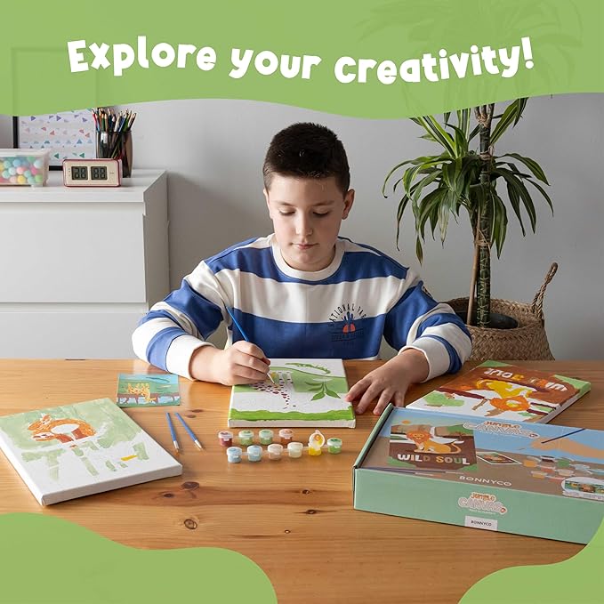 BONNYCO Paint by Numbers Kit for Kids Animals Pack 3 Canvas Paint by Number Canvas, Jungle Animals Gifts for Boys, Arts and Crafts, Kids Paint by Number Kits Pre Drawn Canvas for Painting for Kids