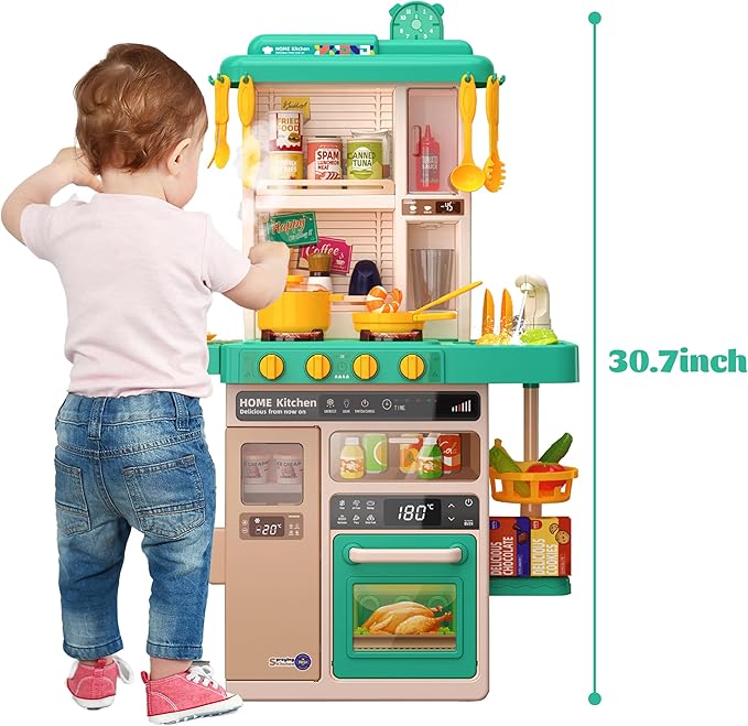 Kids Kitchen Play Set,Interactive Kids Kitchen Play Set with 50Pcs of Pretend Kitchen Toys,Realistic Sound Effects,and Simulated Functionality - Suitable for Toddlers Aged 2-12 Years (Green)