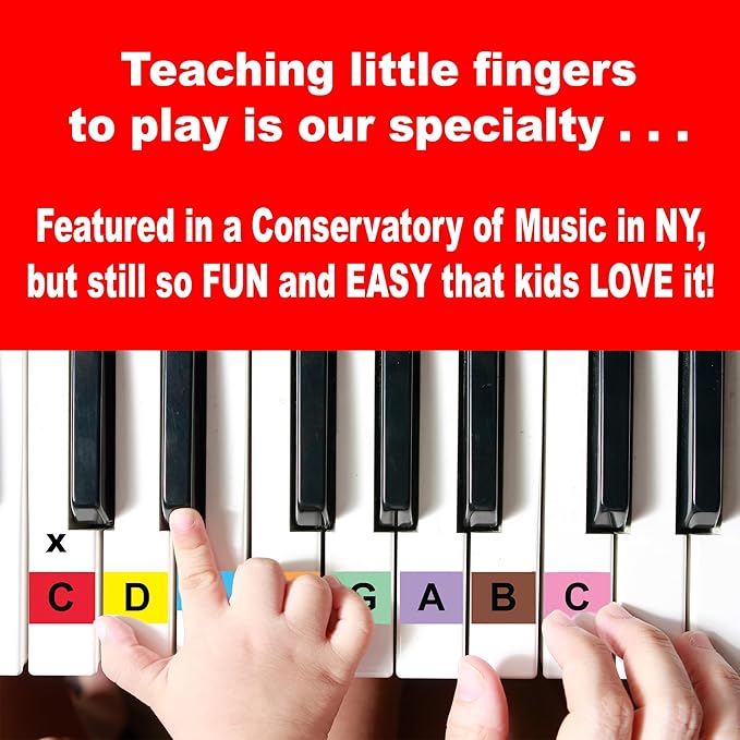 The HAPPY PIANO PRESCHOOLERS Book & Color-Coded Stickers KIT. SO EASY-to-FOLLOW. Kids Toddlers AGES 3-5. Beginner music book, BABY SHARK lesson video, FREE digital bonus, 20K taught since 2006!