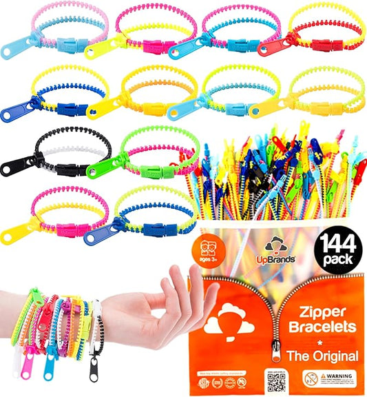 UpBrands 20 x 144 Pack Bulk Fidget Zipper Bracelets – Sensory Toy Party Favors for Kids – Wholesale Set for Schools, Churches, Vending Toys Machine, Dentists, and Community Programs