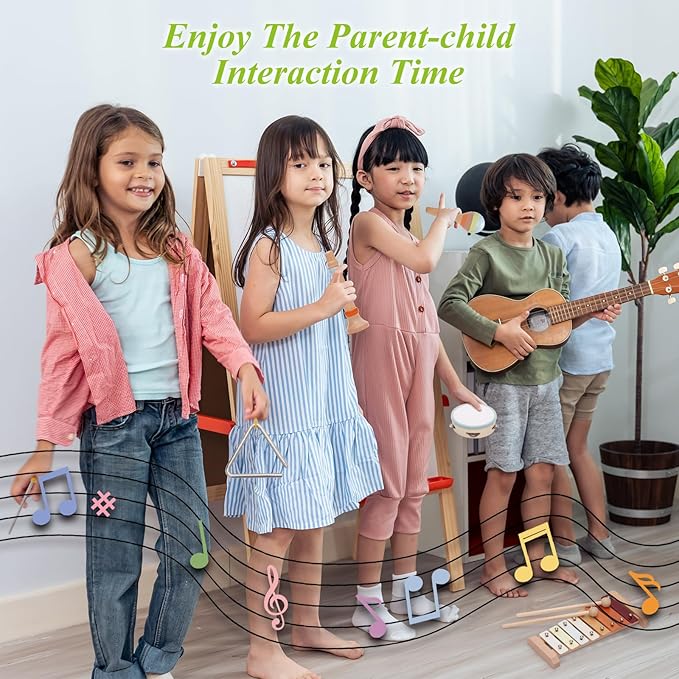 Baby Musical Instruments,Montessori Wooden Percussion Instruments Toy for Toddlers1-3, with Modern Boho Xylophone Tambourine for Kids Preschool Educational 3+ Christmas Birthday Gifts