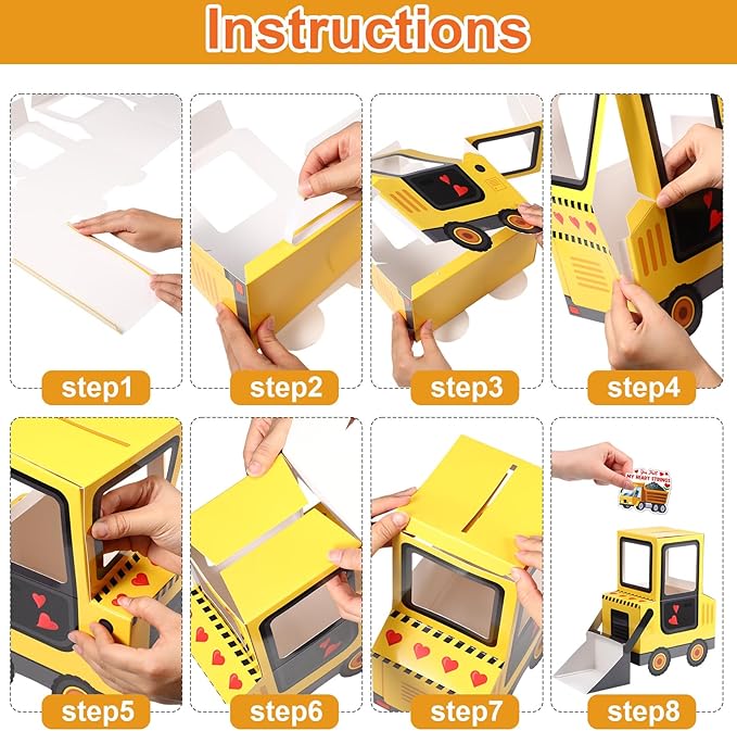 Pasimy DIY Valentines Day Mailbox with 33 Construction Vehicle Cards Valentines Day Crafts for Kids Bulldozer Mailbox for Classroom Exchange Party Activity Box Crafts for Kids Girls Boys