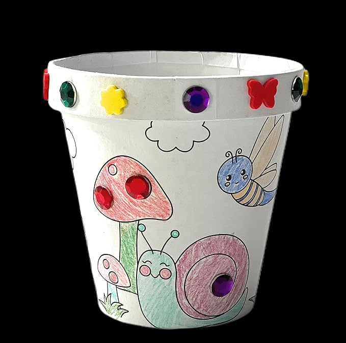 Deluxe Classroom Bulk 12 Pack of Decorate Your Own DIY Cardstock Craft Flower Pots with Hundreds of Foam Flowers and Bugs, and Acrylic Gems and Jewels