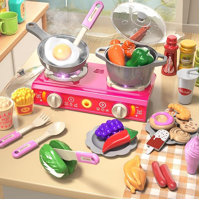 Toddler Kids Kitchen Playset, Play Kitchen Set with Sounds and Lights for Toddlers Kids 3-5 6-8, Pretend Food Toy Kitchens Christmas Birthday Gifts for Toddlers Kids 3 4 5 6 7 8 Years Old