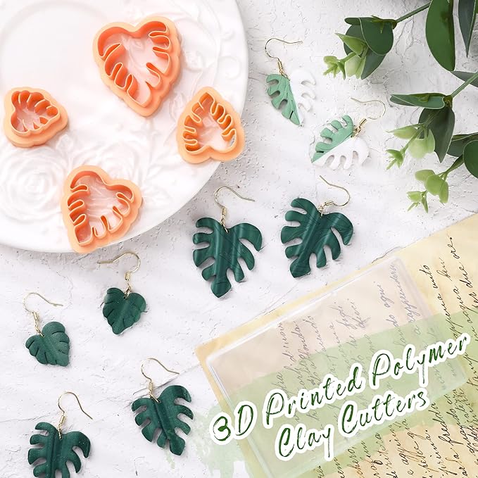 Puocaon Monstera Leaves Clay Cutters - 4 pcs Monstera Leaves Polymer Clay Cutters for Earrings, One Pattern in Different Size Clay Cutters for Polymer Clay Jewelry, Leaves Drop Dangle Earrings Making