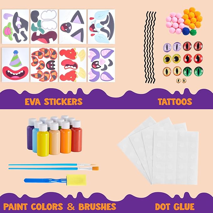 Klever Kits Halloween Pumpkin Painting Decorating Kit for Kids, Art and Craft Party Favors, Halloween Party Games Classroom Activities, DIY Coloring Set with 9 Characters Designs and Realistic Eyes