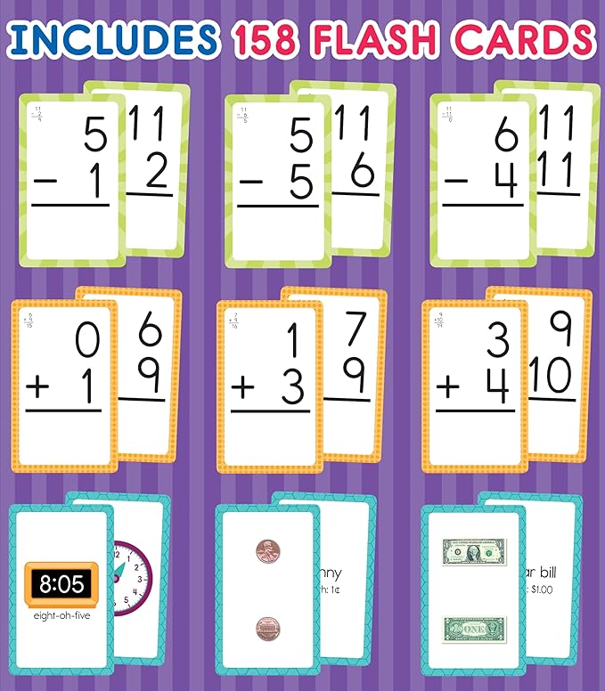 Carson Dellosa 3-Pack Math Flash Cards, Addition and Subtraction Flash Cards, Time & Money Flash Cards, 1st Grade, 2nd Grade, and 3rd Grade Math Facts Flash Cards, Card Games for Kids Ages 5+