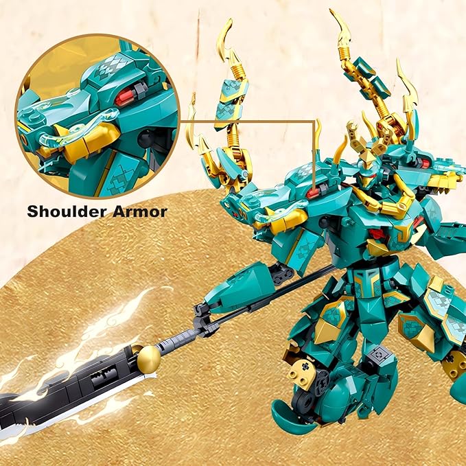 Mech Robot Building Blocks Set for Adults, Cool Green Dragon Warrior Model Kit with Long Spear Toy Playset, 704 pcs Collectible Mythical Ninja Gifts for Teens Boys Ages 12+