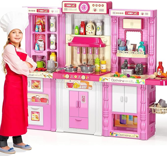 Kids Kitchen playset, Play Kitchen for Kids Ages 4-8, Accessories Set with Realistic Lights and Sounds, Simulation of Spray and Play Sink, Kitchen Set for Kids Ages 3-5 for Girls and Boys